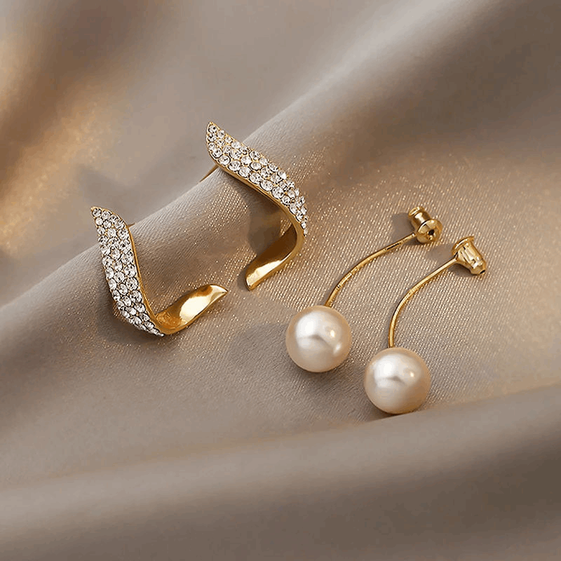 Korean Style Gold Plated Pearl Drop Earrings Trendy S925 Silver Needle Pearl Dangle Geometric Rhinestone Long Earring