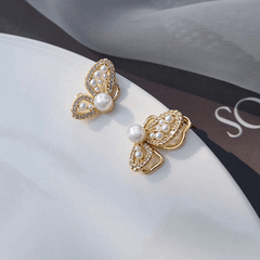 Trendy Golden Beaded Butterfly with Pearl Stud Korean Fashion Earrings with s925 needle