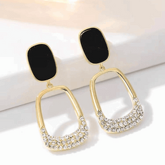 Vintage Golden Tone Rhinestone Black Enamel Oval shaped Dangle Drop Korean Earrings