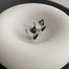 Korean Style Black Enamel Twin Heart with Silver Plating Stud Ear Clip Korean Earrings