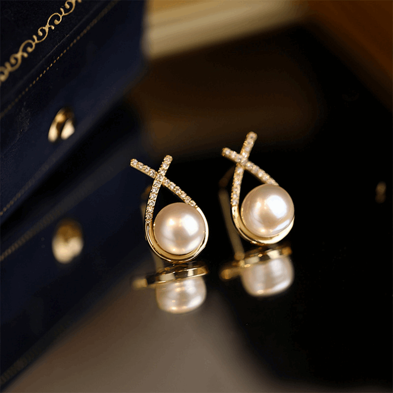 Classic Small Fragrant Wind Pearl with Cross Zircon Geometry Pearl Korean Earrings