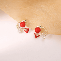 Fashionable Pair of Red Color Tulip Flower with a Transparent Pearl Stud Korean Earrings