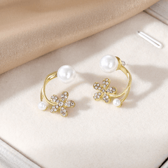 Luxury Rhinestone Flower with White Pearl Elegant Stud Korean Earrings for Women