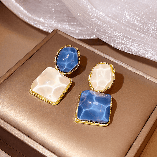 Korean Blue-White Assymetrical Luxury Square Resin Earrings Water Wave Pattern Drop Earrings