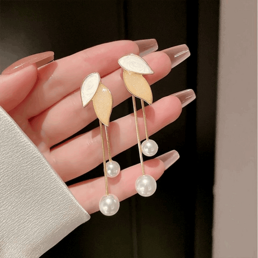 Latest Long Two Leaf Long Beige Color Tassel Dangle Korean Earrings Stud and Drop Both Pattern