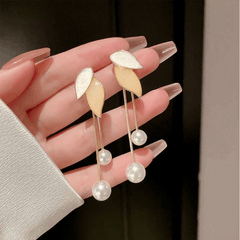 Latest Long Two Leaf Long Beige Color Tassel Dangle Korean Earrings Stud and Drop Both Pattern