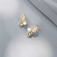 Trendy Golden Beaded Butterfly with Pearl Stud Korean Fashion Earrings with s925 needle