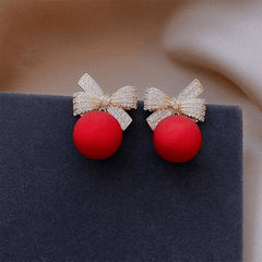 Latest Gold Plated Crystal Diamonds Red Bow Pearl Drop Korean Earrings for Women