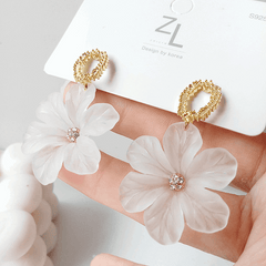 Simple Metal White Flower with zircon Drop Korean Earrings for Women