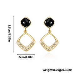 Square Stud Earrings Black Enamel Gold Plated Hollow Pendant with Rhiestone Fashion Korean earring