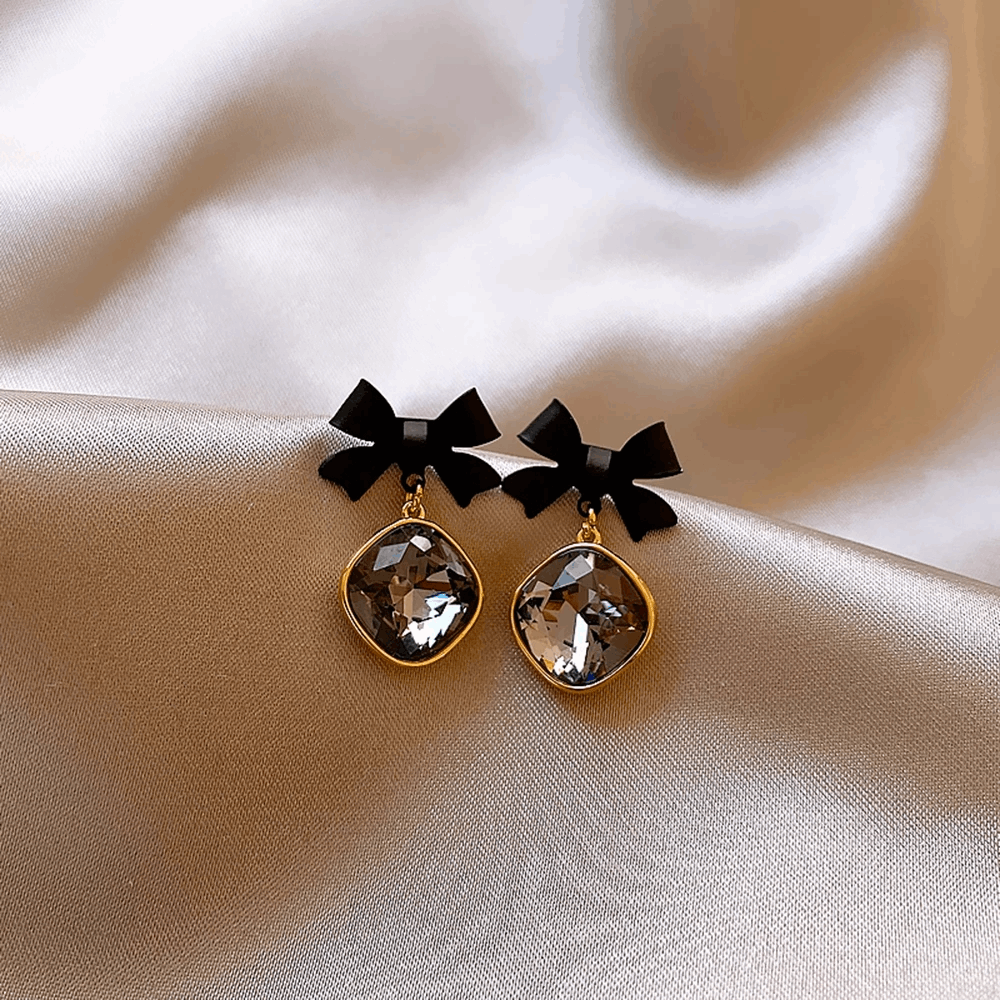 Korean Style Black Bowknot with Big Rhinestone Drop Korean Earring for Women