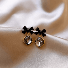 Korean Style Black Bowknot with Big Rhinestone Drop Korean Earring for Women