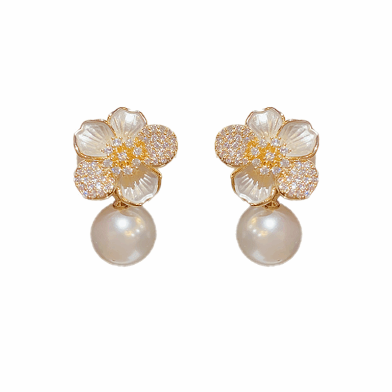 Luxury White Flower Earrings Fashionable Oil Drop Pearl Stud Korean Earrings