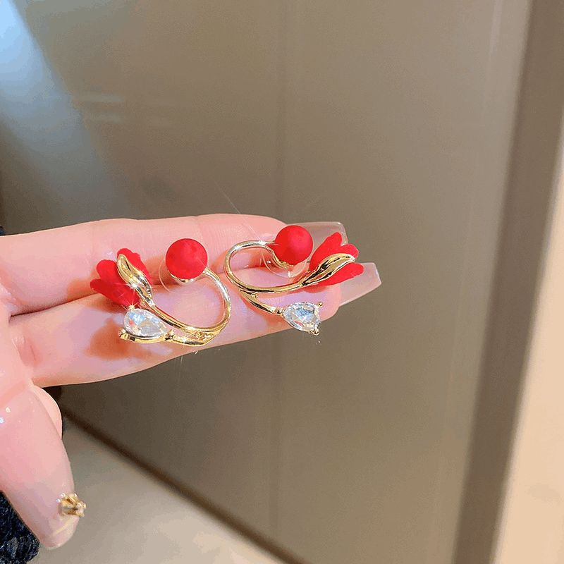 Fashionable Pair of Red Color Tulip Flower with a Transparent Pearl Stud Korean Earrings