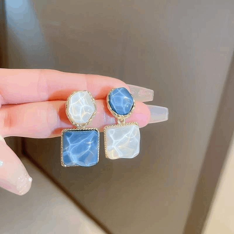 Korean Blue-White Assymetrical Luxury Square Resin Earrings Water Wave Pattern Drop Earrings