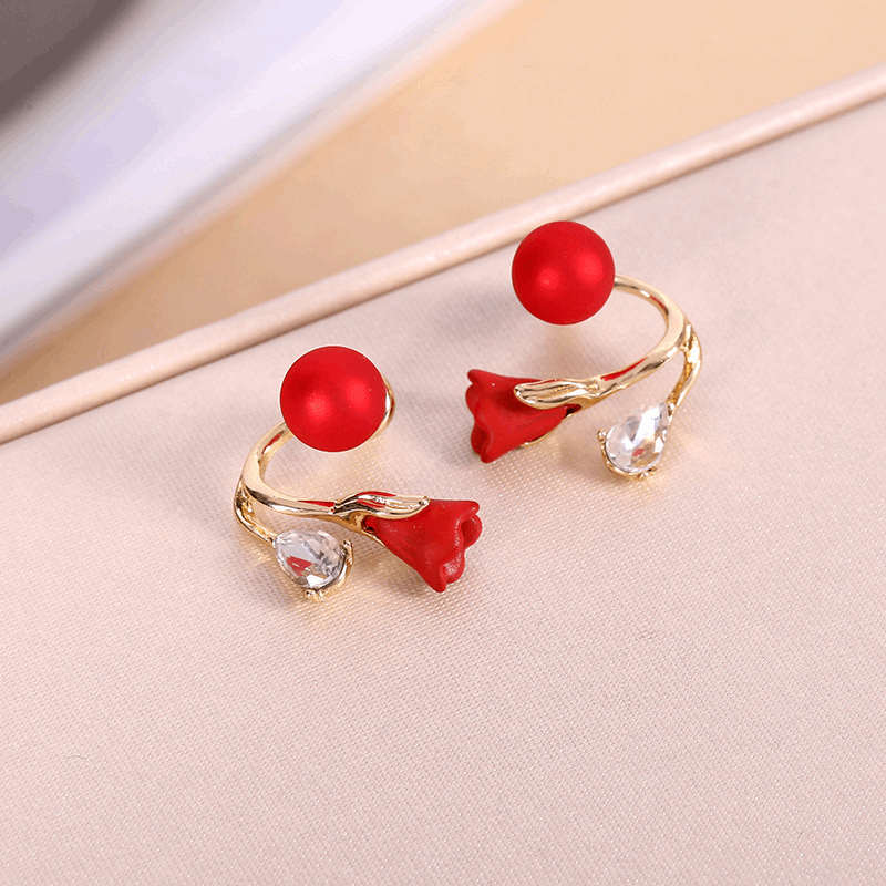 Fashionable Pair of Red Color Tulip Flower with a Transparent Pearl Stud Korean Earrings