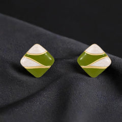 Green Color Resin Square Gold Plated Geometric Stud Korean Earrings for Girls
