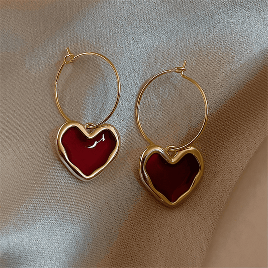 Vintage Red Enamel Love Heart Shaped Pendant Hoop type Korean Earrings for Women