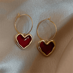 Vintage Red Enamel Love Heart Shaped Pendant Hoop type Korean Earrings for Women