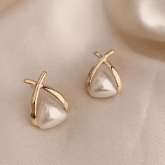 Latest Trendy Golden Triangle Shaped with White Pearl retro Stud Korean Earrings for Girls