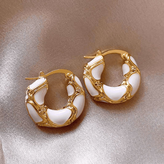 Trendy Enamel White Color Metal with Golden Texture Small Hoop Korean Earrings for Women
