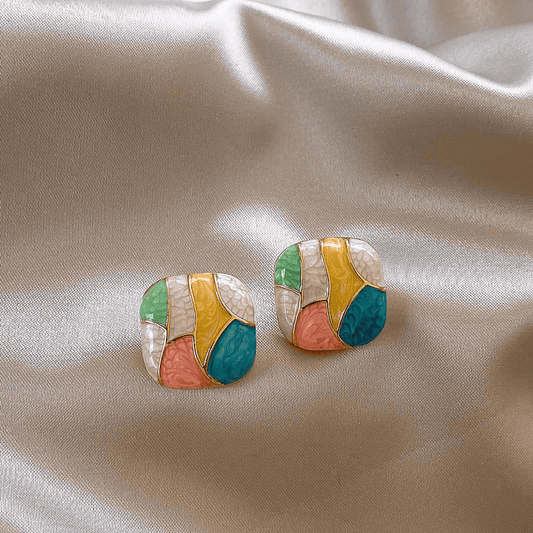 Vintage Simple Modern Enamel Patchwork Colorful Geometric Square Stud Korean Earrings for Girls