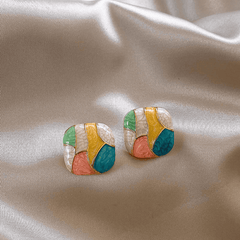 Vintage Simple Modern Enamel Patchwork Colorful Geometric Square Stud Korean Earrings for Girls