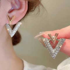 Geometry Silver Golden Double V-shaped Stud Earrings with Rhinestone Korean Earrings