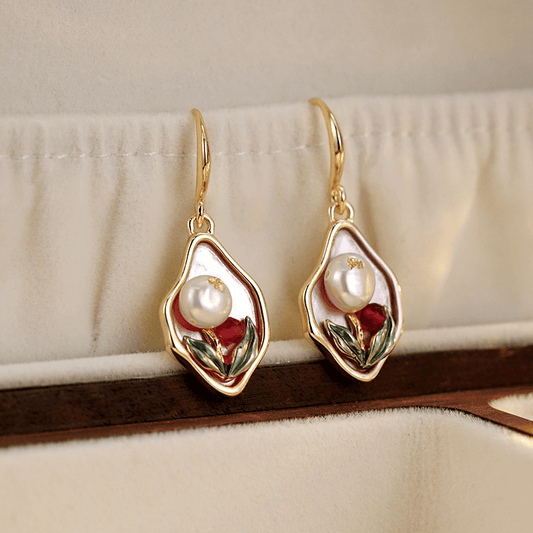 Luxury Vintage Style Metal Enamel Oil Painting Spring Flower Pearl Korean Drop Earrings for Women