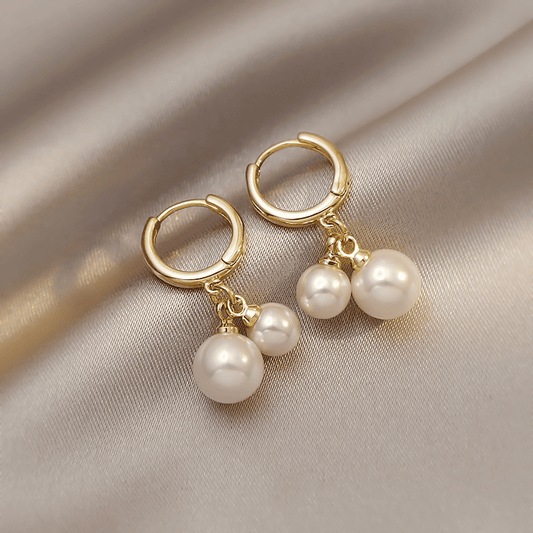Elegant Double White Pearl Minimalist Gold Hoop Korean Earrings with Dual Pearl Charm for Women