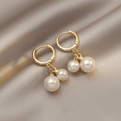 Elegant Double White Pearl Minimalist Gold Hoop Korean Earrings with Dual Pearl Charm for Women