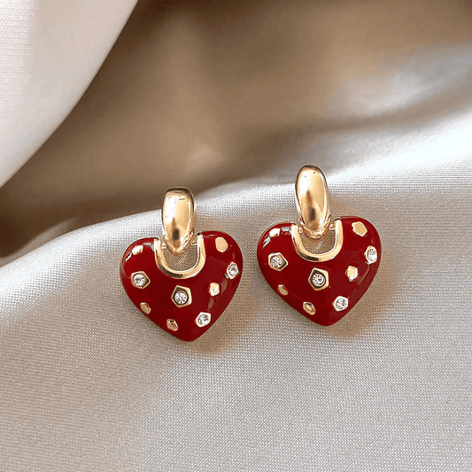 Vintage Trendy Red Enamel Metal Love Small Heart Shaped Korean Style Hoop Earrings for Women