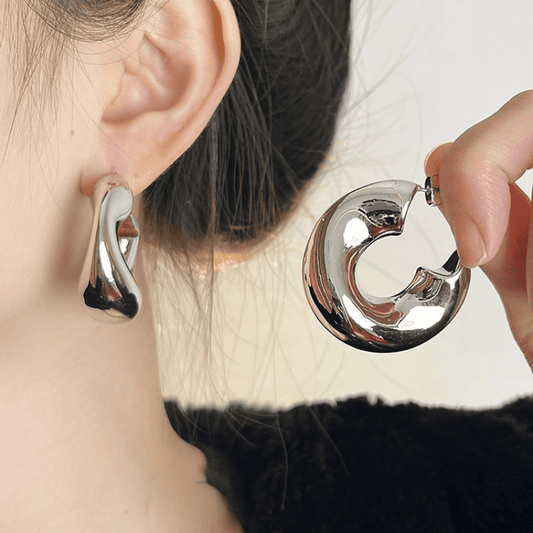 Irregular Thick Metal Round Silver Color Hollow Hoop Korean Earrings