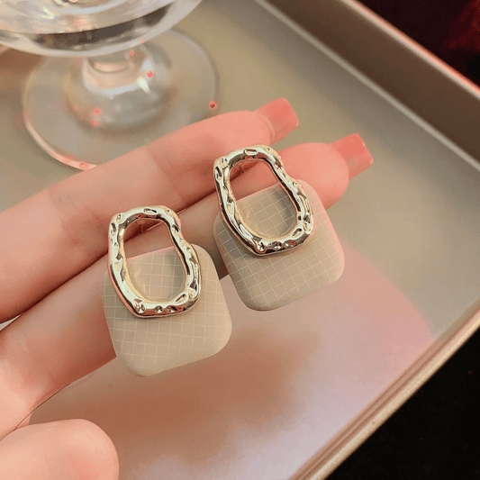 Retro Square White Fabric Geometric Hanging Hollow Gold Metal Trendy Drop Korean Earrings