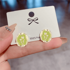 Latest Retro Irregular Circular Shaped Green Tulip Oil Painting Elegant Stud Korean Earrings for Girls (Copy)