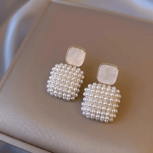 Trendy Simple White Square Pearl Pendant Drop Korean Earrings for Girls