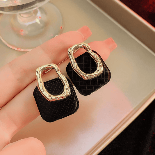 Retro Square Black Fabric Geometric Hanging Hollow Gold Metal Trendy Drop Korean Earrings