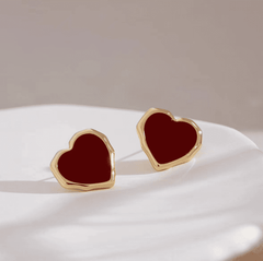 Vintage Red Enamel Love Heart Shaped Gold Plated Stud Korean Earrings for Women