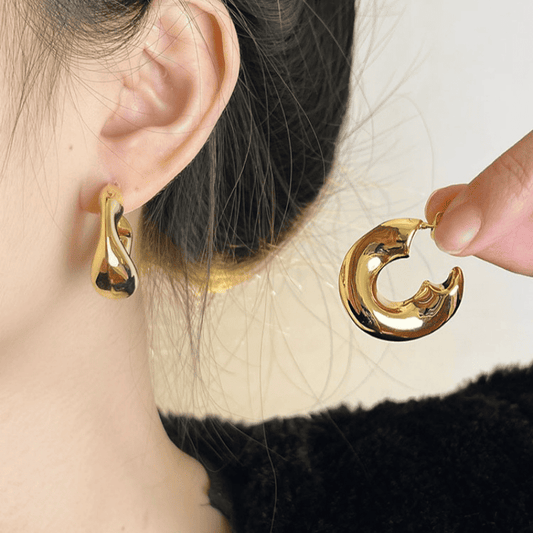 Irregular Thick Metal Round Gold Color Hollow Hoop Korean Earrings