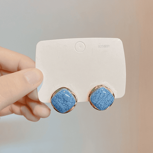 Trendy Retro Geometric Metal Square Blue Marble Stud Korean Earring for Girls