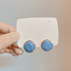 Trendy Retro Geometric Metal Square Blue Marble Stud Korean Earring for Girls