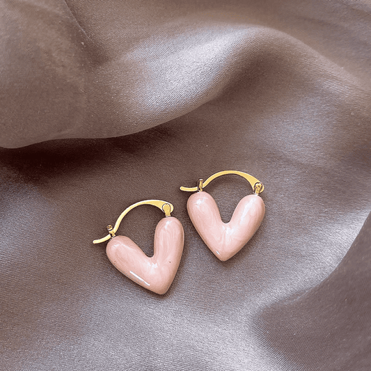 Gold Plated Romantic Pink Enamel Heart Shaped Pendant Drop Korean Earrings for Women