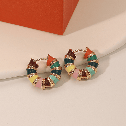 Vintage Multicolour Drip Oil Enamel C Shape Twisted Bamboo Joint Pattern Korean Style Premium Korean Hoop Earrings for Girls