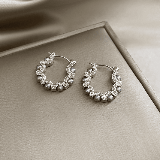 Retro Silver Color Circle Mesh Pearl Vintage Simple Design Hoop Korean Earrings