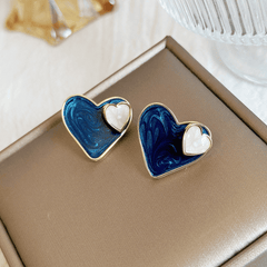 Hot Trendy Blue Dropping Oil Stained Double Heart Stud Korean Fashion Love Earrings