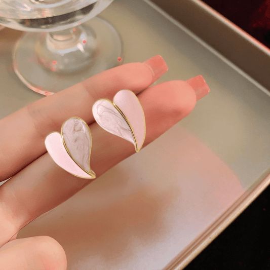 Vintage Pink Enamel Shiny Love Heart-shaped Stud Korean Earrings for Girls
