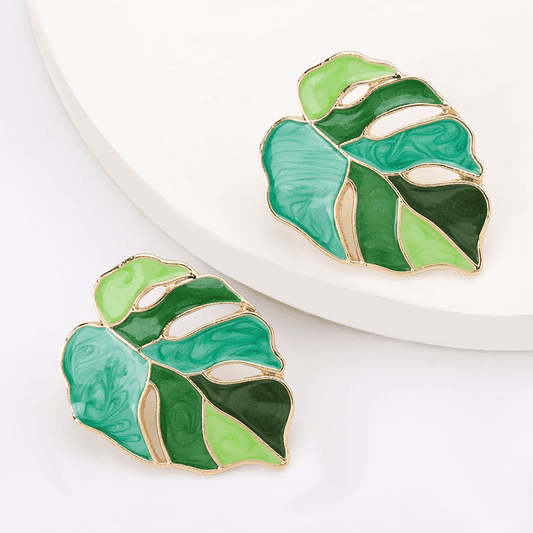 Green Enamel Hollow Coconut Palm Oil-dripping Leaf Stud Korean Earrings for Girls