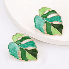 Green Enamel Hollow Coconut Palm Oil-dripping Leaf Stud Korean Earrings for Girls