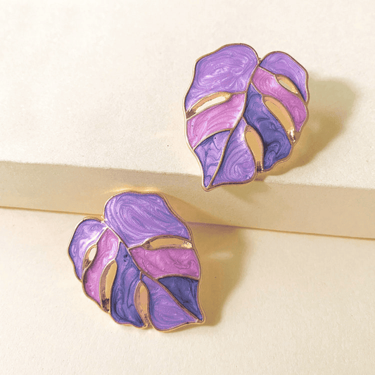 Purple Enamel Hollow Coconut Palm Oil-dripping Leaf Stud Korean Earrings for Girls