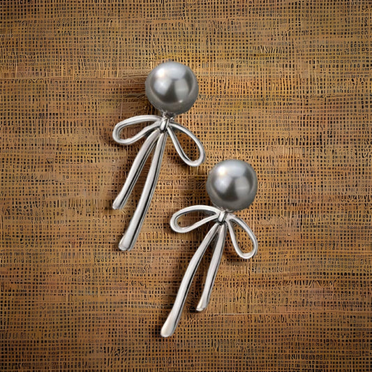 Trendy Elegant Silver Metal Aesthetic Fairy Bow Pearl Long Dangle Korean Earrings for Women